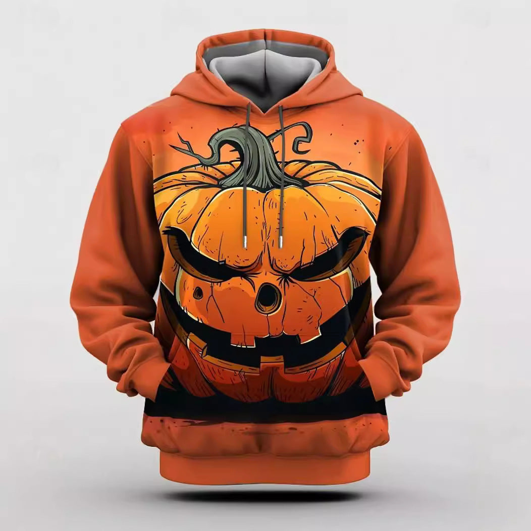 Men's Halloween Hoodie with All-Over Pumpkin Print and Hood