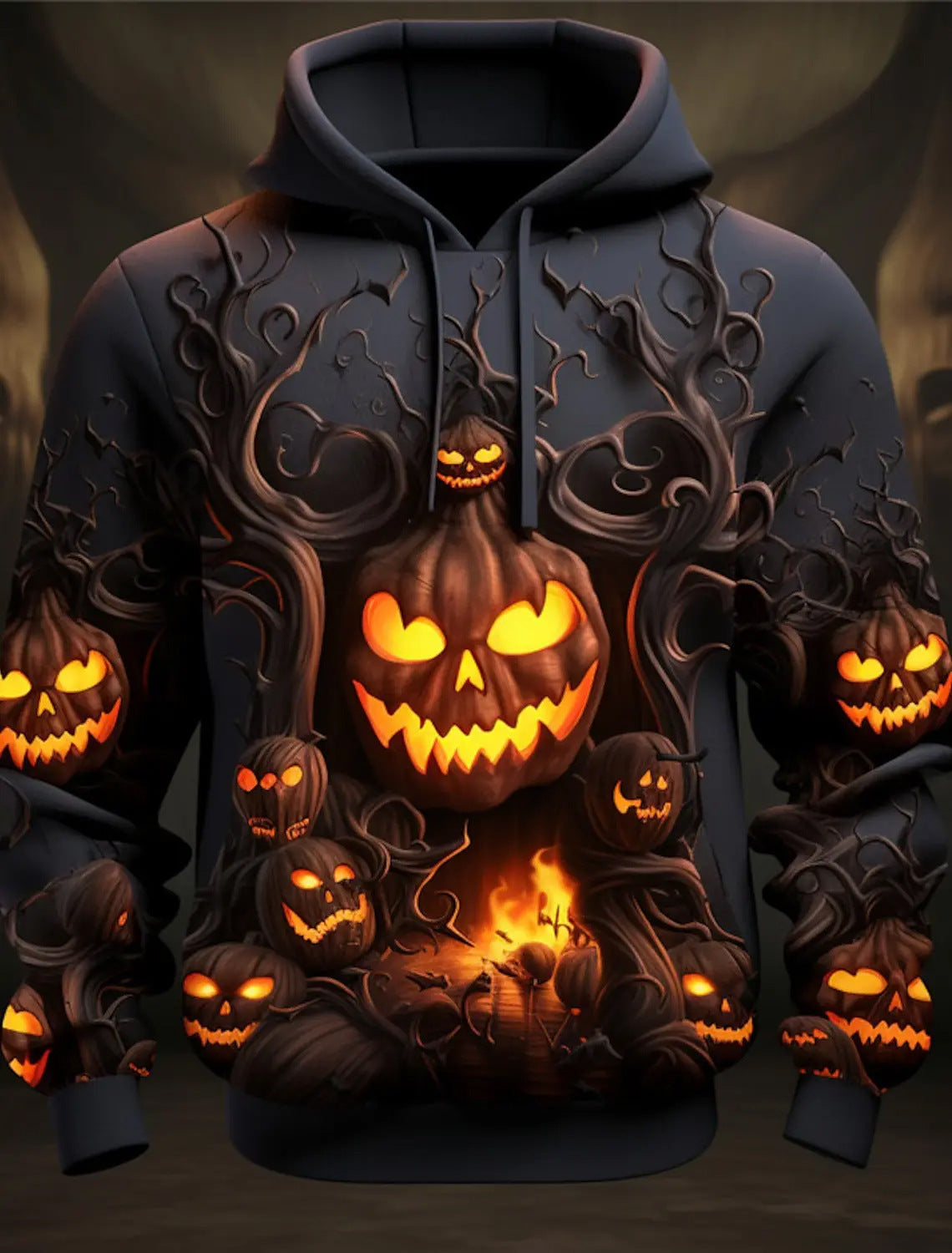 Men's Halloween Hoodie with All-Over Pumpkin Print and Hood