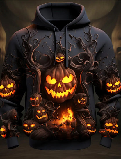 Men's Halloween Hoodie with All-Over Pumpkin Print and Hood