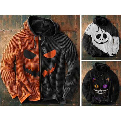 Men's Halloween Hoodie with Zip and Spooky Graphic Print