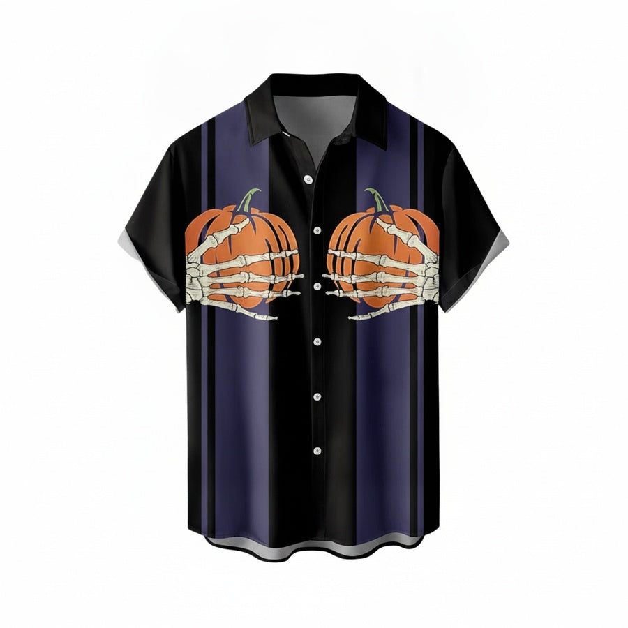 Men's Halloween Short Sleeve Shirt with Button Closure and Striped Print