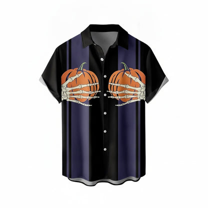 Men's Halloween Short Sleeve Shirt with Button Closure and Striped Print