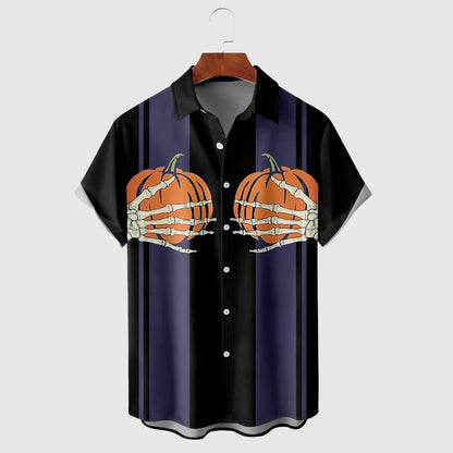 Men's Halloween Short Sleeve Shirt with Button Closure and Striped Print