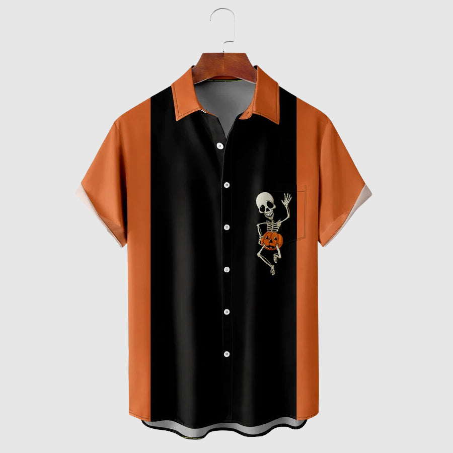 Men's Halloween Short Sleeve Shirt with Button Closure and Striped Print