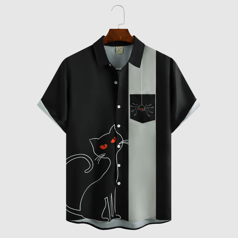 Men's Halloween Short Sleeve Shirt with Button Closure and Striped Print