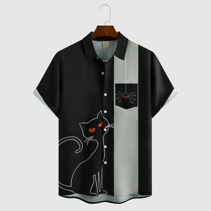 Men's Halloween Short Sleeve Shirt with Button Closure and Striped Print