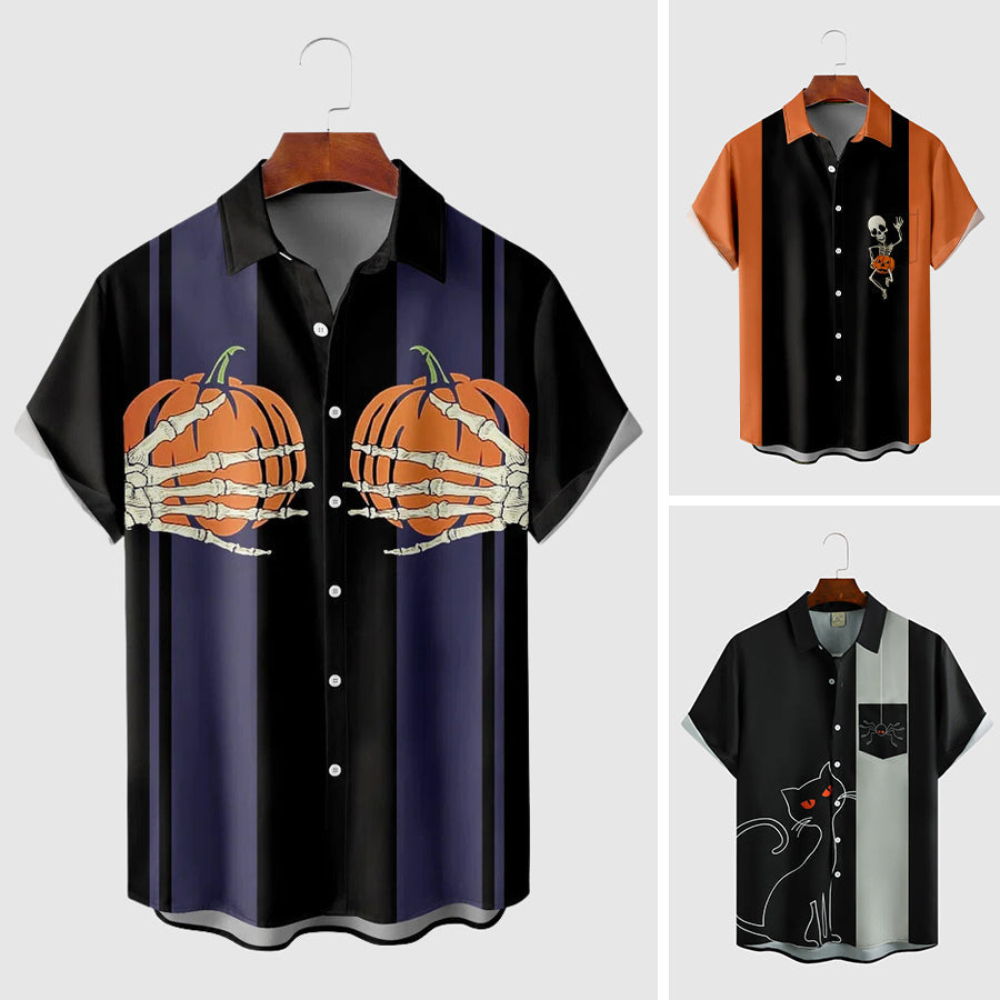 Men's Halloween Short Sleeve Shirt with Button Closure and Striped Print