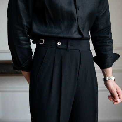 Men's High-Waist Dress Pants with Pleats and Slim Fit