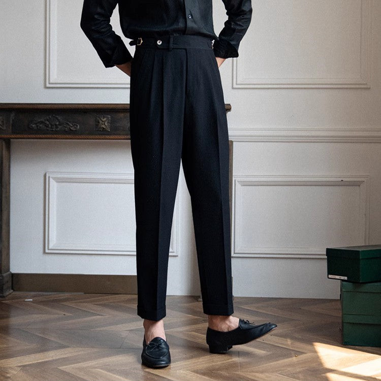Men's High-Waist Dress Pants with Pleats and Slim Fit