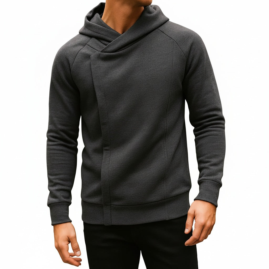 Men's Hoodie with Crossover Hood, Diagonal Zip and Raglan Sleeves