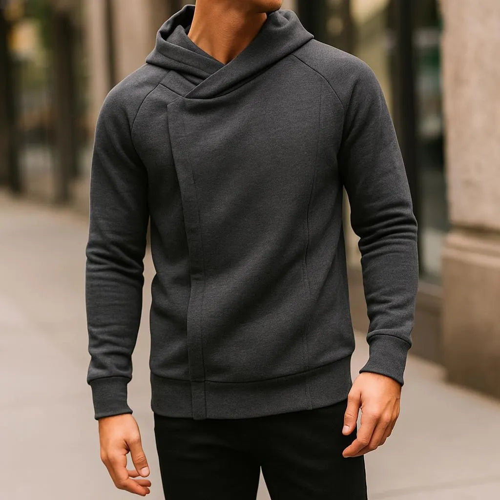 Men's Hoodie with Crossover Hood, Diagonal Zip and Raglan Sleeves