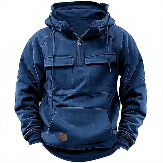 Men's Hoodie with Quarter-Zip, Cargo Pockets and Drawstring Hood
