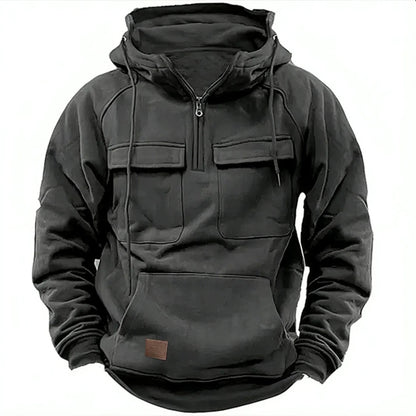 Men's Hoodie with Quarter-Zip, Cargo Pockets and Drawstring Hood