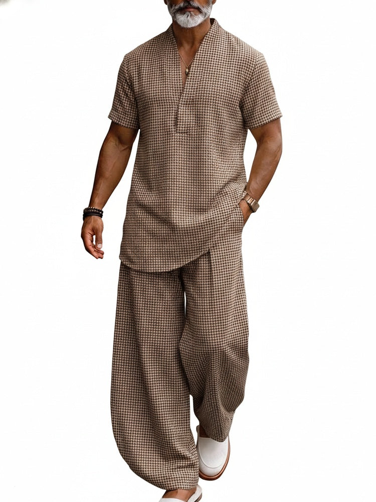 Men's Houndstooth Matching Set Short Sleeve V-Neck Top and Wide-Leg Trousers