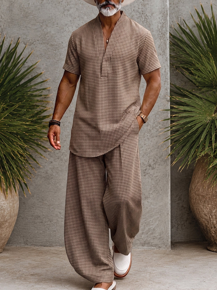 Men's Houndstooth Matching Set Short Sleeve V-Neck Top and Wide-Leg Trousers