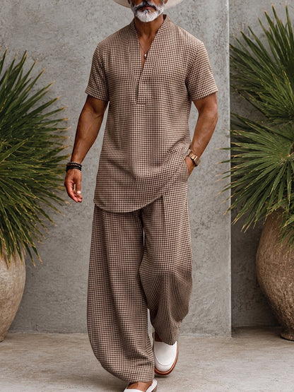 Men's Houndstooth Matching Set Short Sleeve V-Neck Top and Wide-Leg Trousers