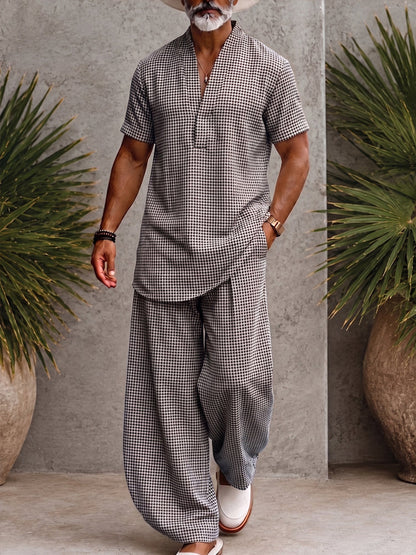 Men's Houndstooth Matching Set Short Sleeve V-Neck Top and Wide-Leg Trousers