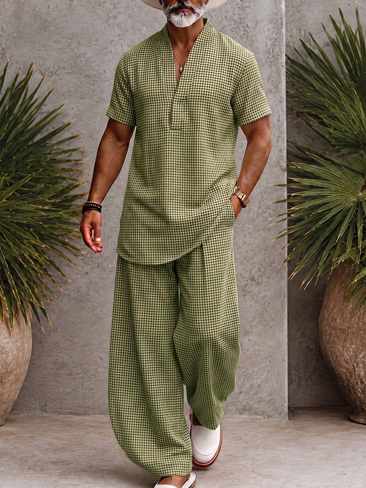 Men's Houndstooth Matching Set Short Sleeve V-Neck Top and Wide-Leg Trousers