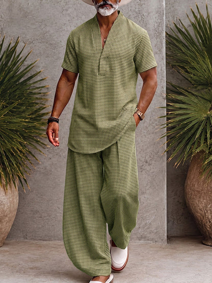 Men's Houndstooth Matching Set Short Sleeve V-Neck Top and Wide-Leg Trousers