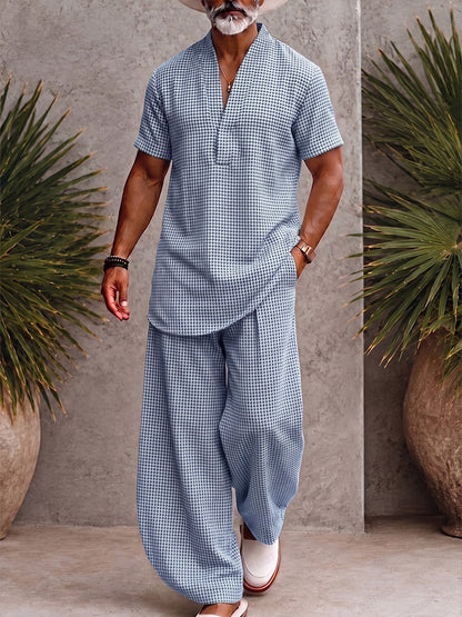 Men's Houndstooth Matching Set Short Sleeve V-Neck Top and Wide-Leg Trousers