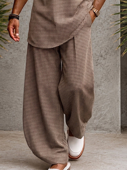 Men's Houndstooth Matching Set Short Sleeve V-Neck Top and Wide-Leg Trousers