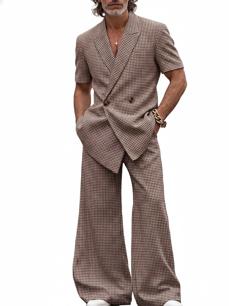 Men's Houndstooth Plaid Clothing Set Short Sleeve Double Breasted Blazer with Wide Leg Bell Bottom Trousers