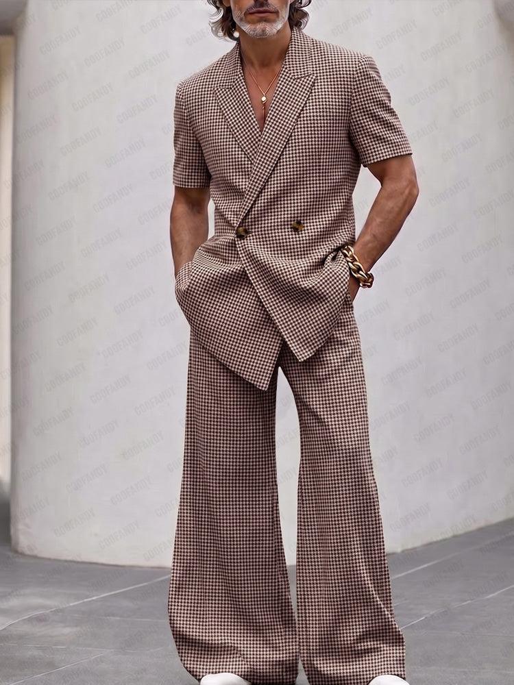 Men's Houndstooth Plaid Clothing Set Short Sleeve Double Breasted Blazer with Wide Leg Bell Bottom Trousers