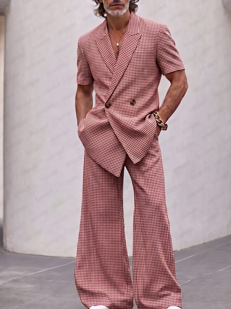 Men's Houndstooth Plaid Clothing Set Short Sleeve Double Breasted Blazer with Wide Leg Bell Bottom Trousers