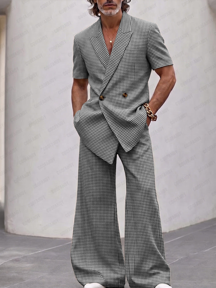 Men's Houndstooth Plaid Clothing Set Short Sleeve Double Breasted Blazer with Wide Leg Bell Bottom Trousers