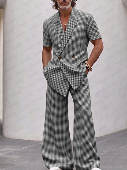 Men's Houndstooth Plaid Clothing Set Short Sleeve Double Breasted Blazer with Wide Leg Bell Bottom Trousers