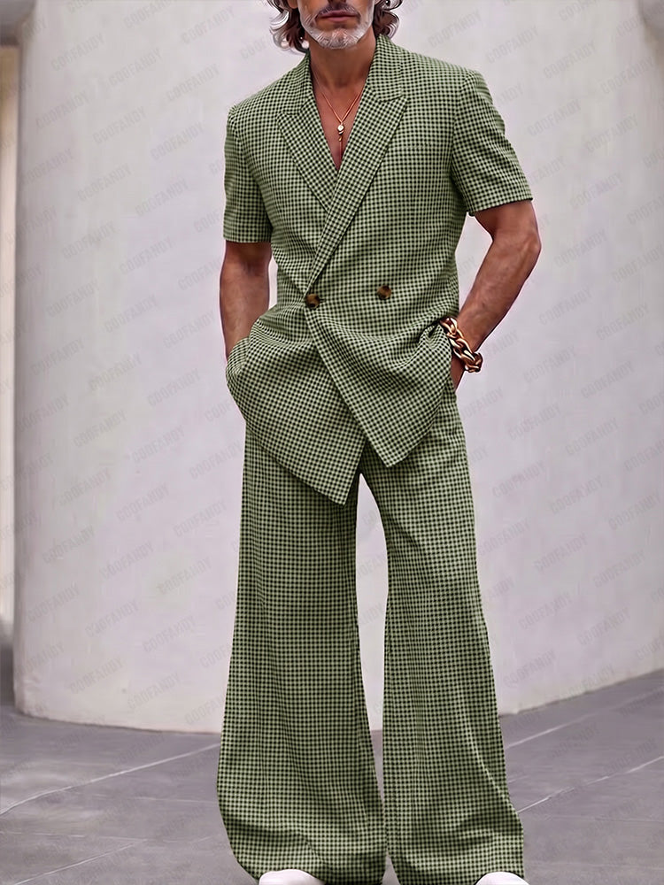 Men's Houndstooth Plaid Clothing Set Short Sleeve Double Breasted Blazer with Wide Leg Bell Bottom Trousers