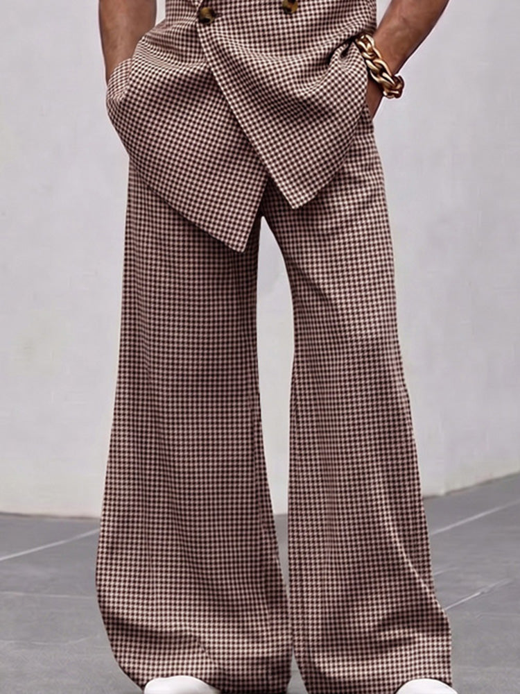 Men's Houndstooth Plaid Clothing Set Short Sleeve Double Breasted Blazer with Wide Leg Bell Bottom Trousers