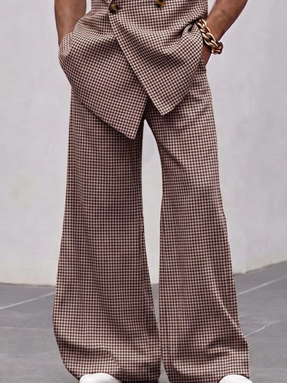 Men's Houndstooth Plaid Clothing Set Short Sleeve Double Breasted Blazer with Wide Leg Bell Bottom Trousers