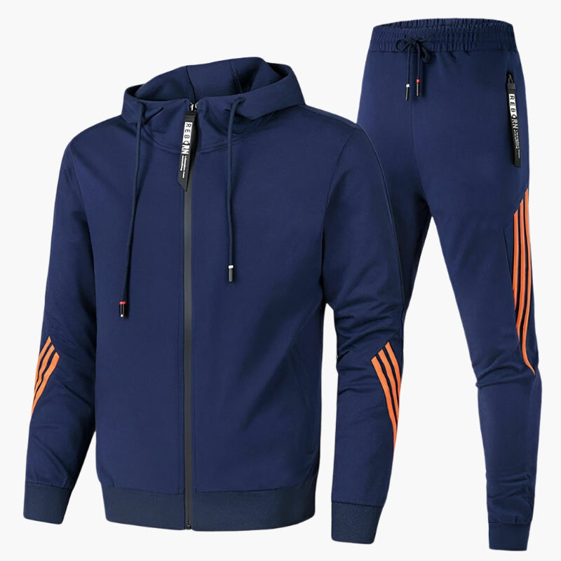 Men's Jogging Suit with Hooded Zip Jacket and Tapered Trousers with Contrast Stripes
