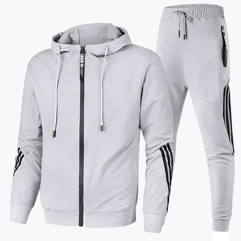 Men's Jogging Suit with Hooded Zip Jacket and Tapered Trousers with Contrast Stripes