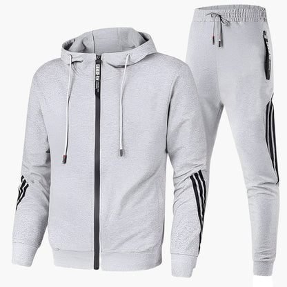 Men's Jogging Suit with Hooded Zip Jacket and Tapered Trousers with Contrast Stripes