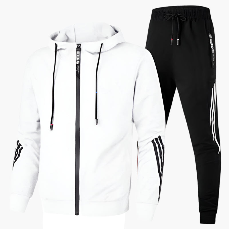Men's Jogging Suit with Hooded Zip Jacket and Tapered Trousers with Contrast Stripes