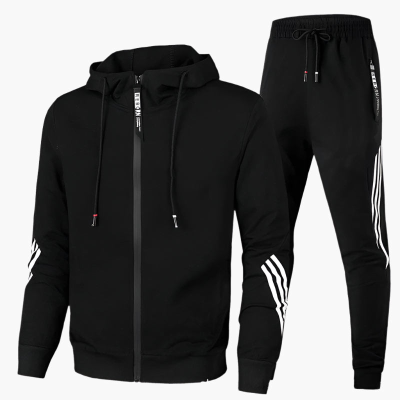 Men's Jogging Suit with Hooded Zip Jacket and Tapered Trousers with Contrast Stripes