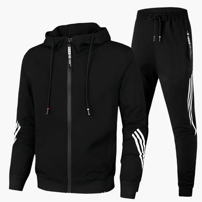 Men's Jogging Suit with Hooded Zip Jacket and Tapered Trousers with Contrast Stripes