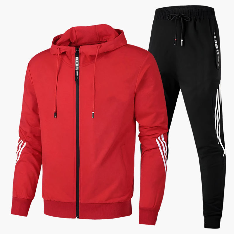 Men's Jogging Suit with Hooded Zip Jacket and Tapered Trousers with Contrast Stripes