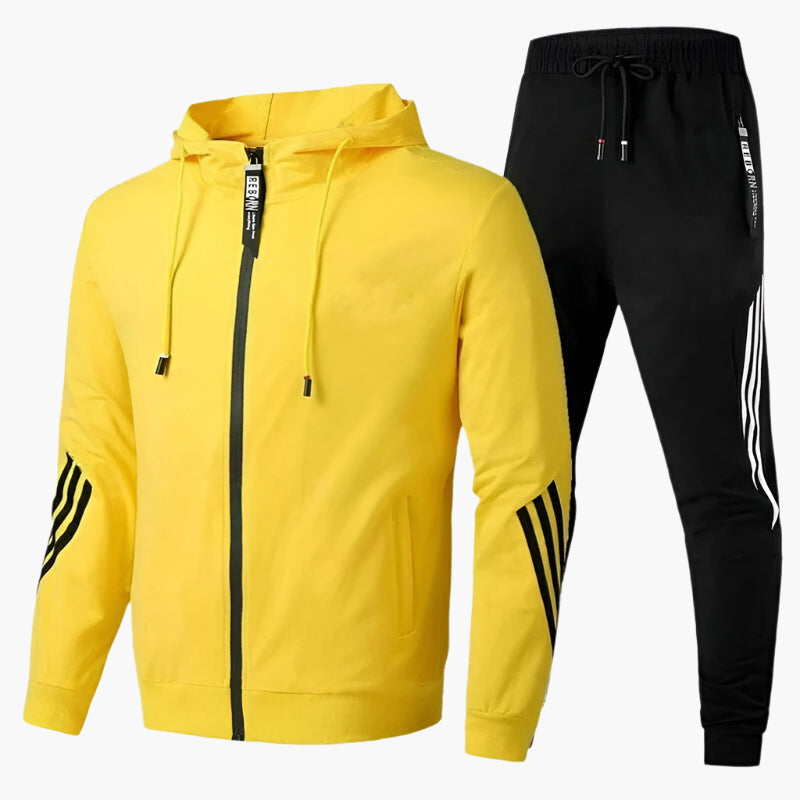 Men's Jogging Suit with Hooded Zip Jacket and Tapered Trousers with Contrast Stripes