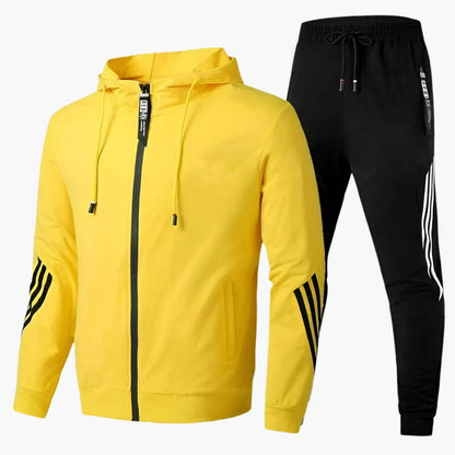 Men's Jogging Suit with Hooded Zip Jacket and Tapered Trousers with Contrast Stripes