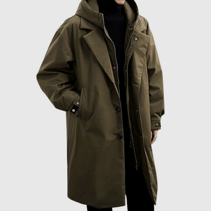 Men's Long Hooded Winter Coat with Stowable Hood and Adjustable Cuffs