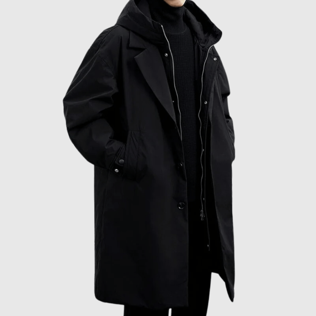 Men's Long Hooded Winter Coat with Stowable Hood and Adjustable Cuffs