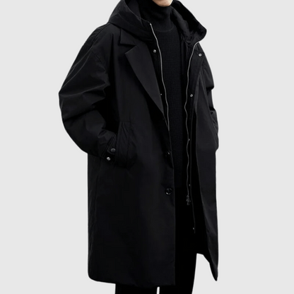 Men's Long Hooded Winter Coat with Stowable Hood and Adjustable Cuffs