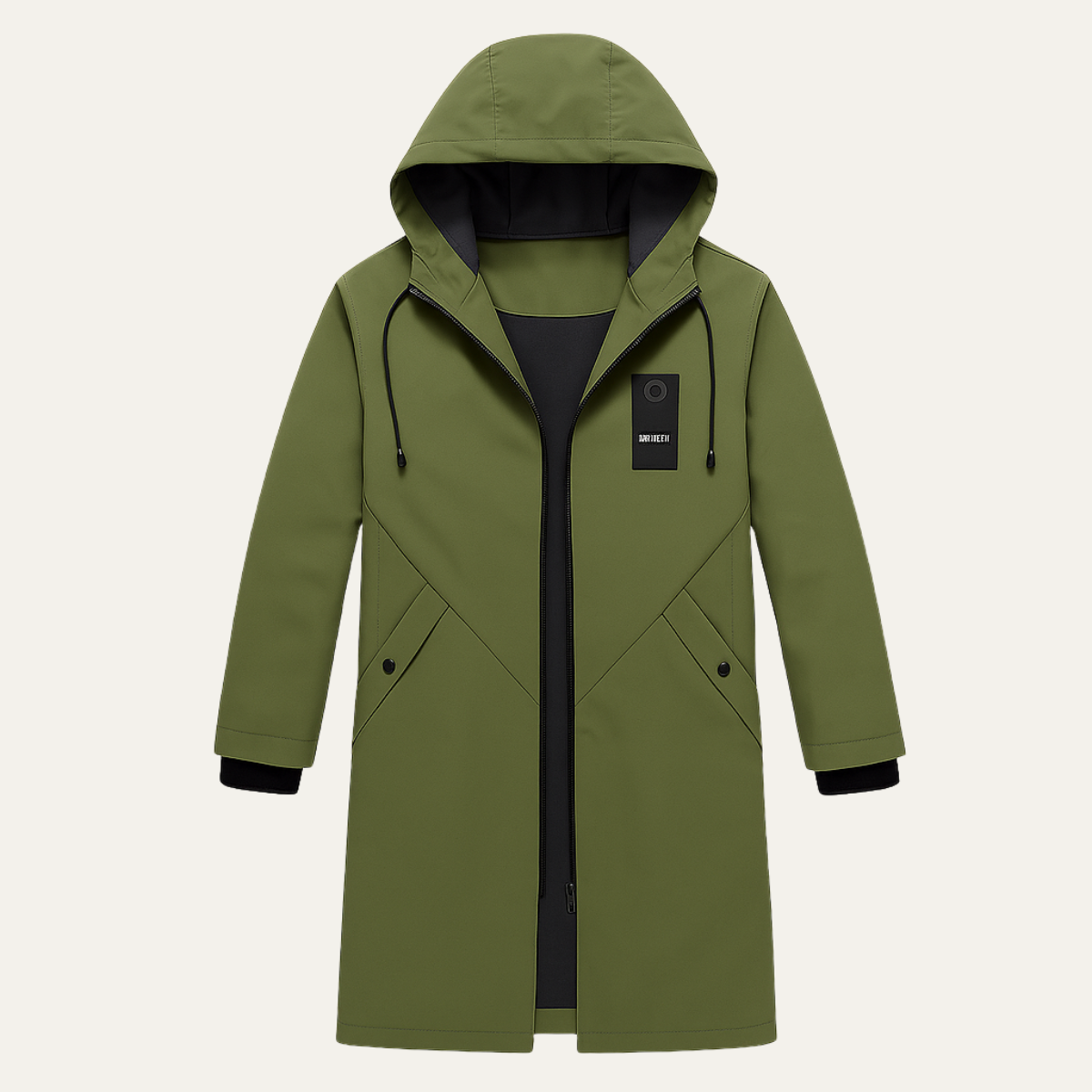 Men's Long Hooded Winter Coat with Zip Closure and Adjustable Hood