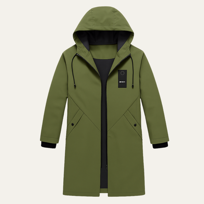 Men's Long Hooded Winter Coat with Zip Closure and Adjustable Hood
