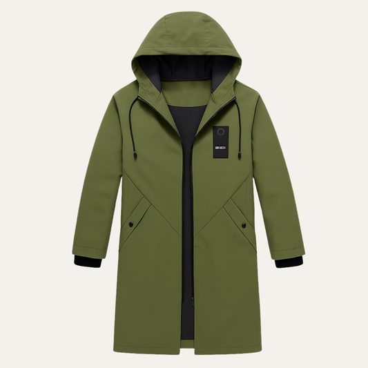 Men's Long Hooded Winter Coat with Zip Closure and Adjustable Hood