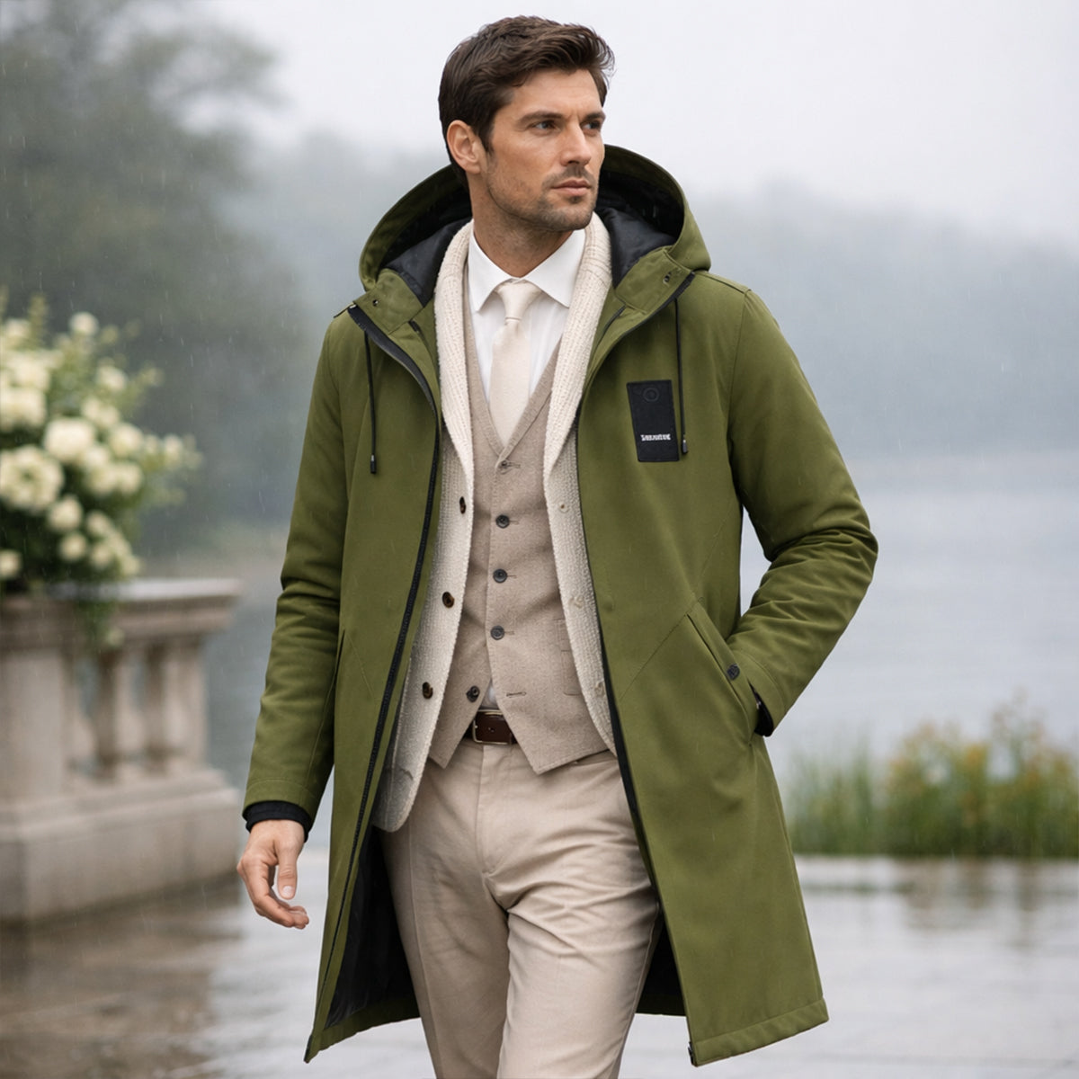 Men's Long Hooded Winter Coat with Zip Closure and Adjustable Hood