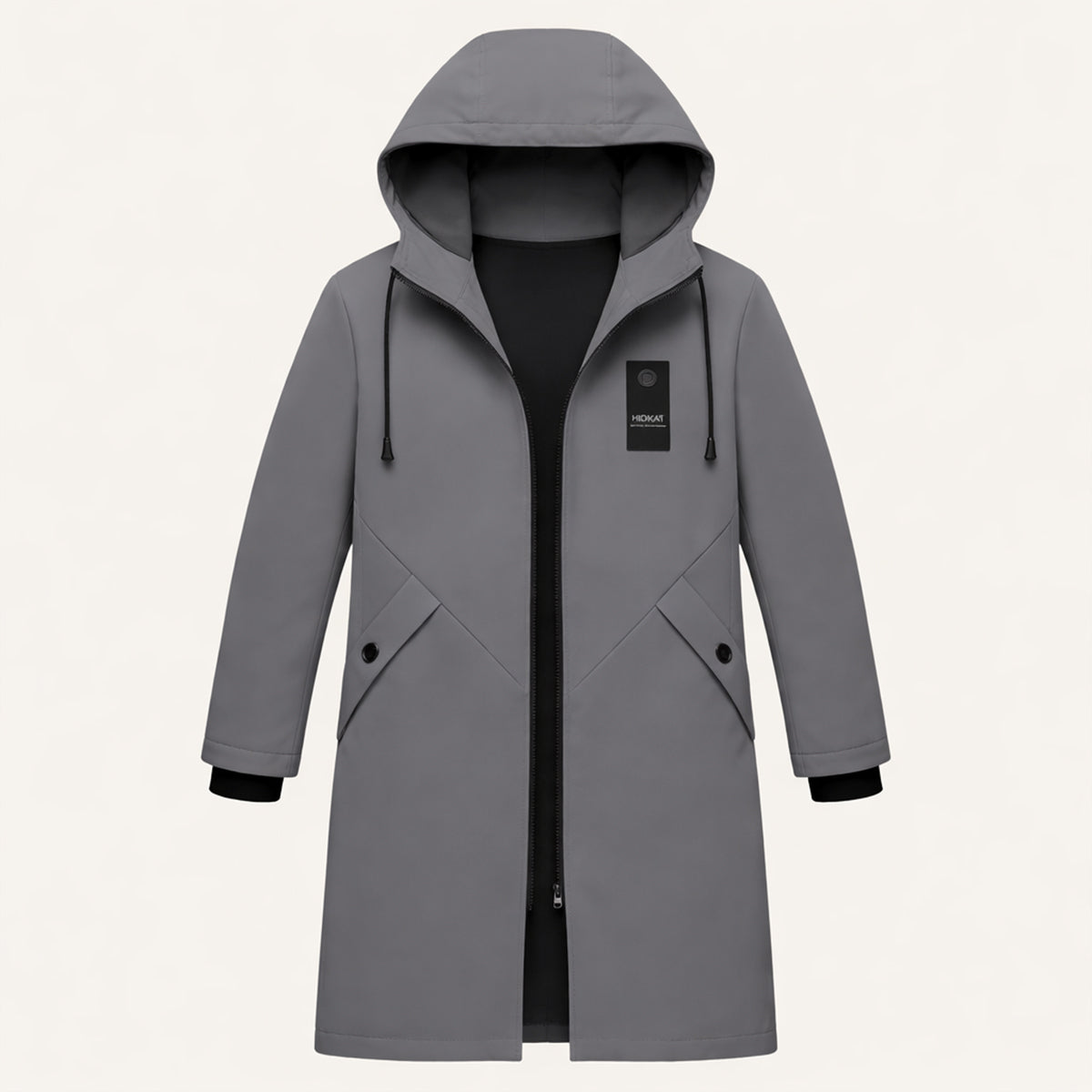 Men's Long Hooded Winter Coat with Zip Closure and Adjustable Hood